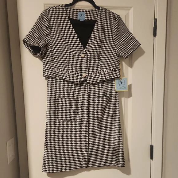 CeCe Black and White Houndstooth Midi Dress - Picture 1 of 9